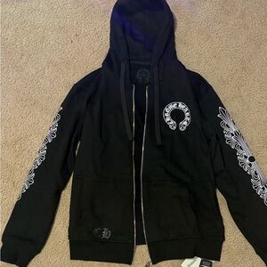 Chrome Hearts Black/White Floral Horseshoe Zip-Up Hoodie Size Small